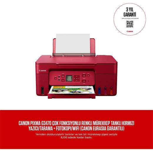 Canon Pixma G3470 RED Tanklı Yazıcı Tarayıcı Fotokopi