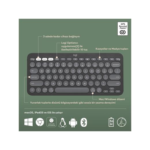 Logitech Pebble Keys 2 K380S 920-011859 Siyah TKL Q Kablosuz Klavye