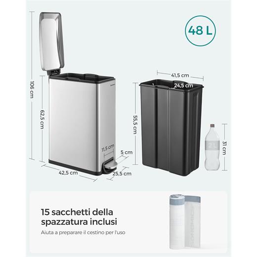 SONGMICS Paslanmaz Çelik 48 Litre dar alanlar için pedallı çöp kutusu + 15 çöp torbası dahil