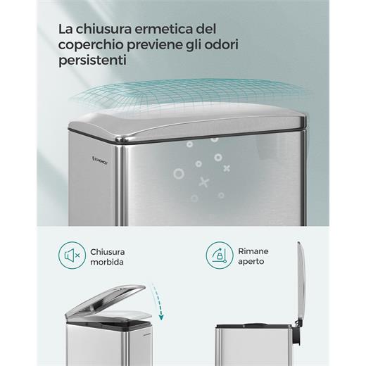 SONGMICS Paslanmaz Çelik 48 Litre dar alanlar için pedallı çöp kutusu + 15 çöp torbası dahil