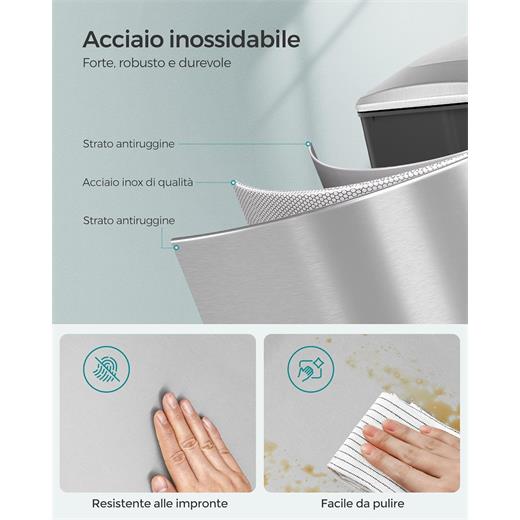 SONGMICS Paslanmaz Çelik 48 Litre dar alanlar için pedallı çöp kutusu + 15 çöp torbası dahil