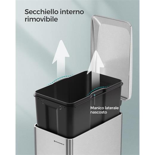 SONGMICS Paslanmaz Çelik 48 Litre dar alanlar için pedallı çöp kutusu + 15 çöp torbası dahil