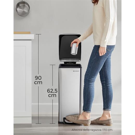 SONGMICS Paslanmaz Çelik 48 Litre dar alanlar için pedallı çöp kutusu + 15 çöp torbası dahil